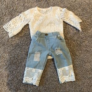 Baby Girl Lace Jeans Outfit Size 6-12 Months EUC